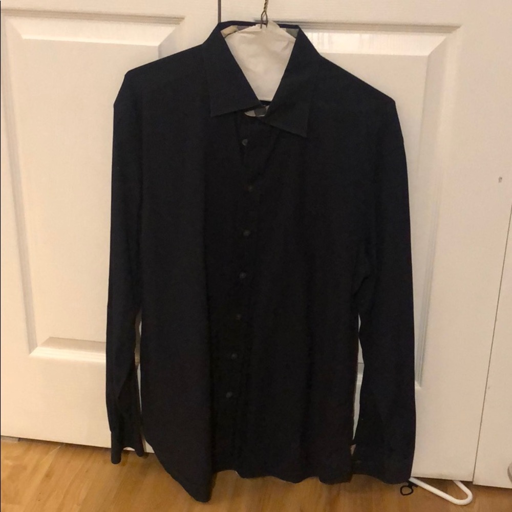Burberry Navy Button Down w/ Plaid Detail